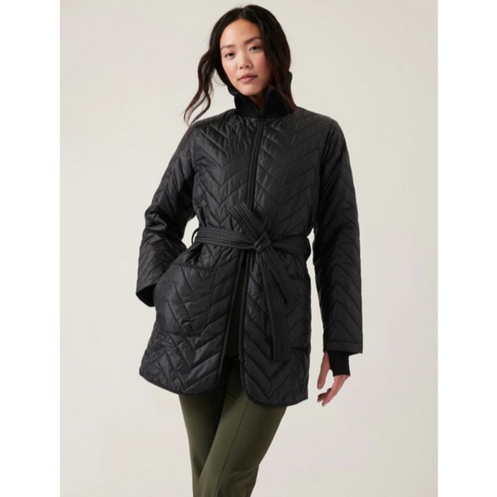 Athleta Mendocino Quilted‎ Black Coat Women's Size XS Full Zip [Missing Belt]